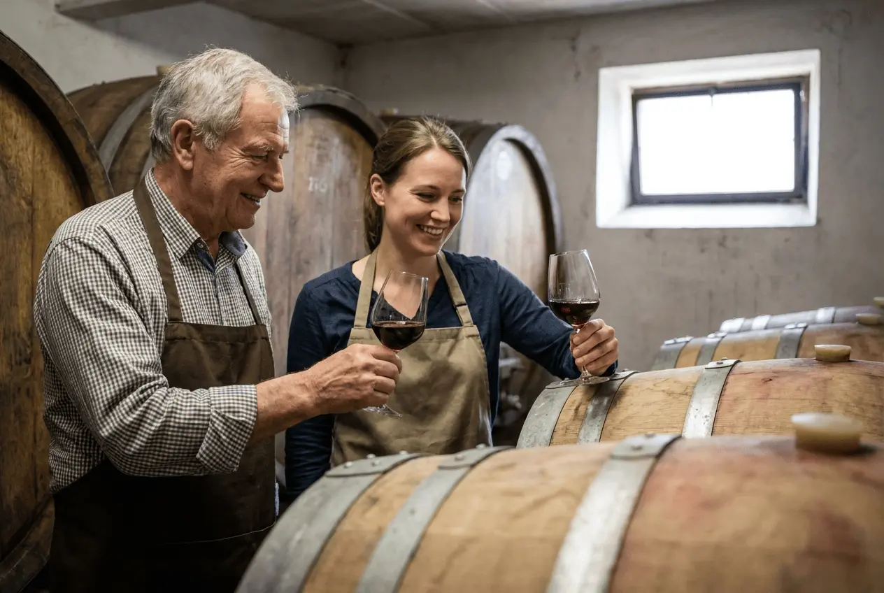 Winzer bei der Weinprobe im traditionellen Weinkeller mit Holzfässern