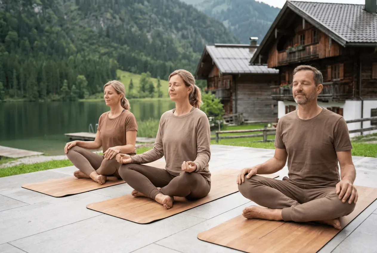 Entspannte Teilnehmergruppe bei Yoga-Übungen während eines Wellness-Retreats im Grünen