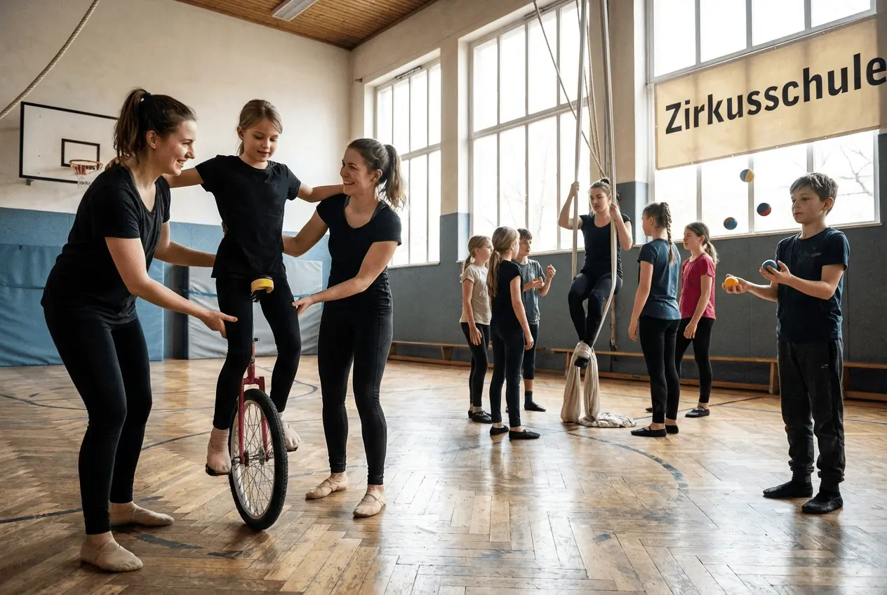Kinder beim Artistiktraining am Vertikaltuch und auf Einrädern in einer Zirkushalle