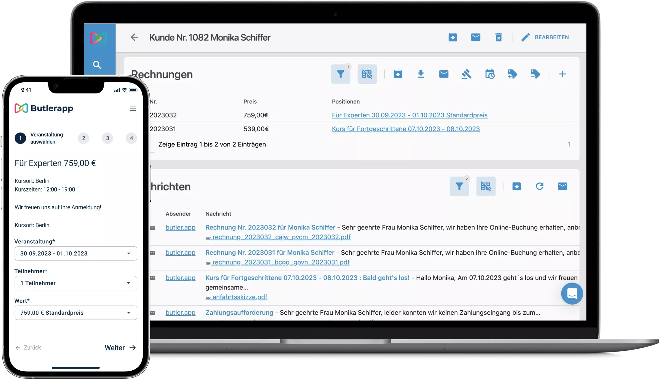 Dashboard eines Online-Buchungssystems auf Laptop und Tablet zur digitalen Terminverwaltung und automatisierten Zahlungsabwicklung für Dienstleister