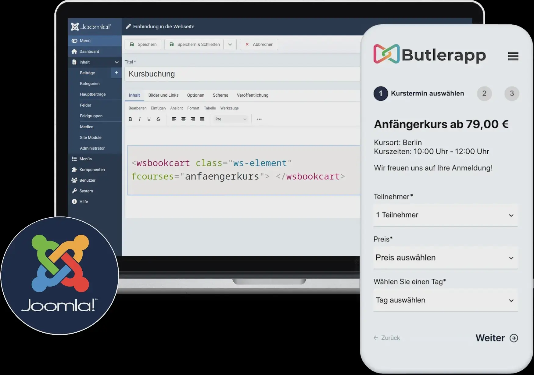 Ansicht einer responsiven Kursverwaltung auf einer Joomla Webseite für Seminare und Workshops zur digitalen Teilnehmerverwaltung