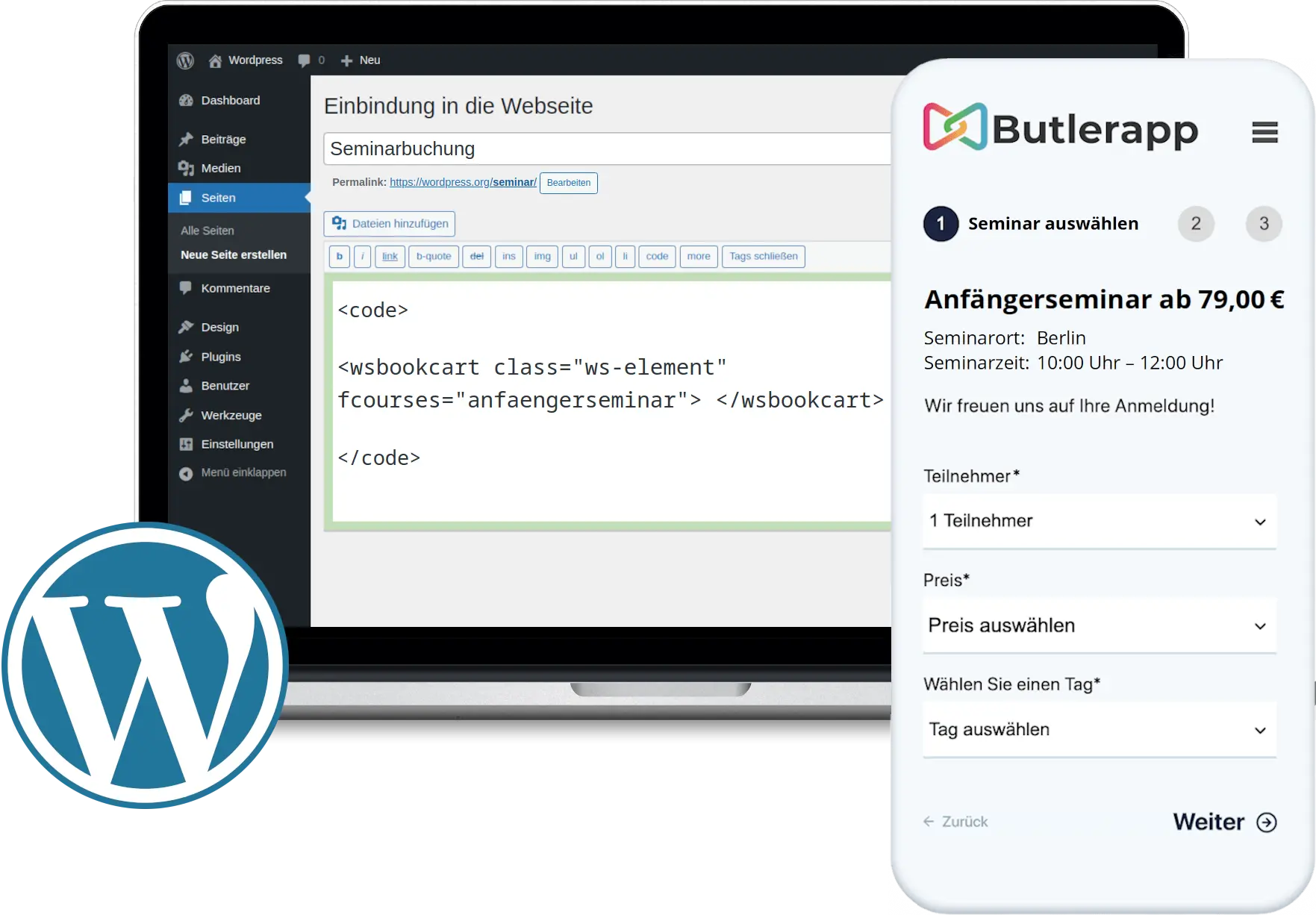 Laptop Anzeige mit WordPress Backend Plugin Integration zur Verwaltung von Seminarteilnehmern und Online Zahlungen