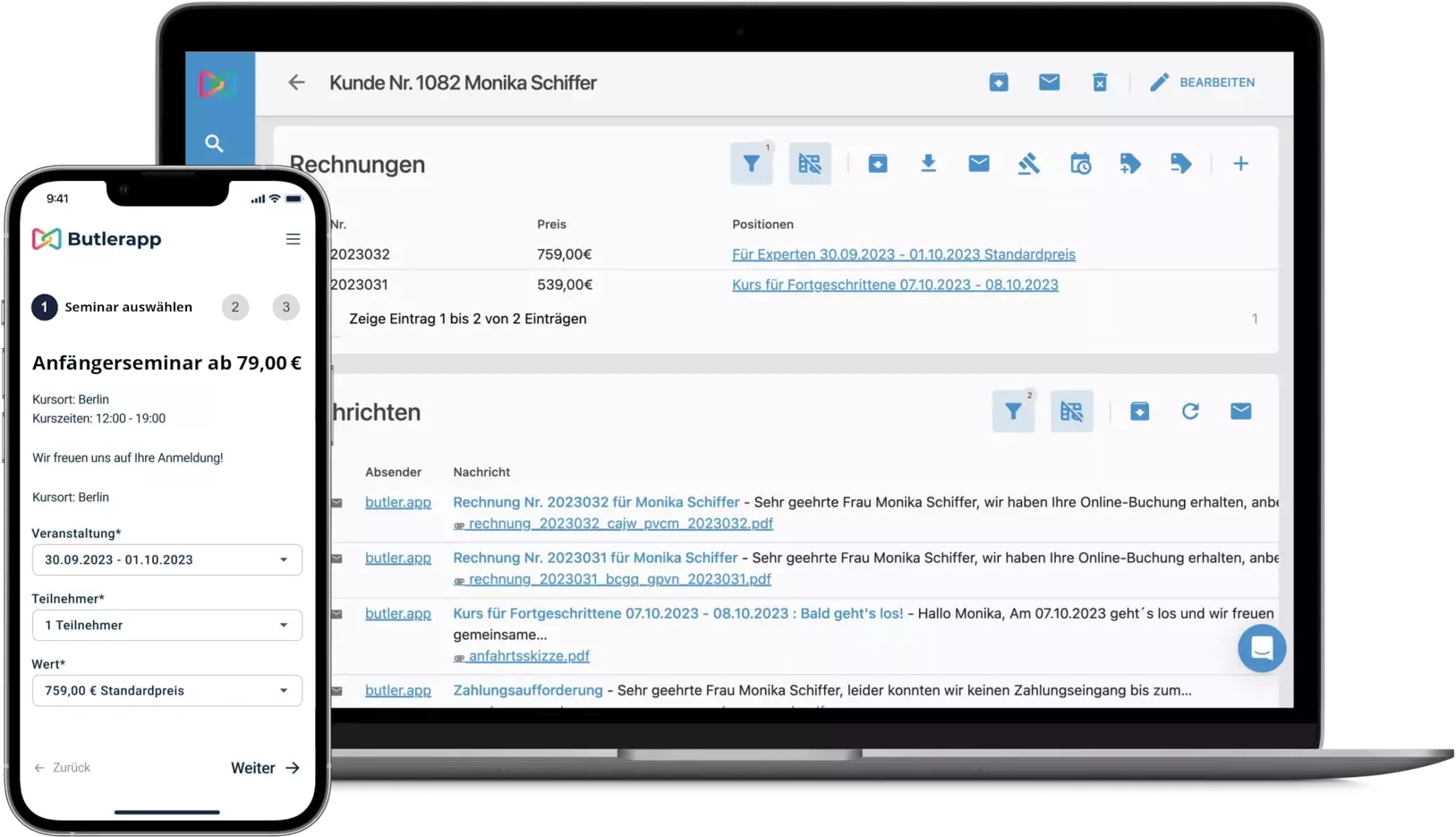 Ansicht einer modernen Seminarverwaltungssoftware auf einem Laptop zur Organisation von Workshops und Teilnehmern