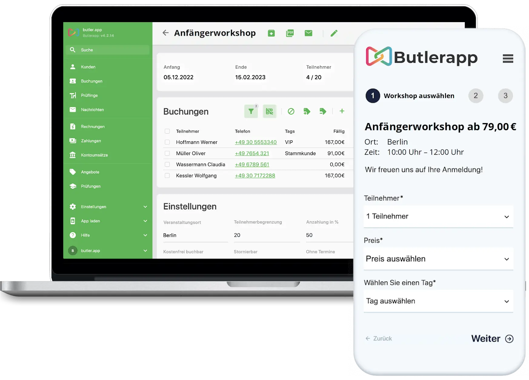Ansicht am Laptop für Workshop-Management Software mit zufriedenen Teilnehmern im Schulungsraum im Hintergrund